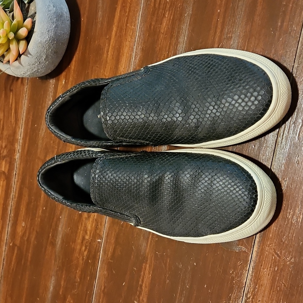 Via Spiga Black Leather Snakeskin Print Boat Shoe Men's Size 8